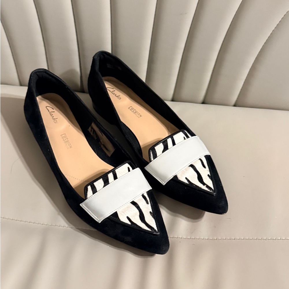 Clarks Women's Zebra Pattern Black and White Loafers